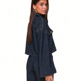 Dark Wash Cropped Denim Jacket with Contrast Stitching