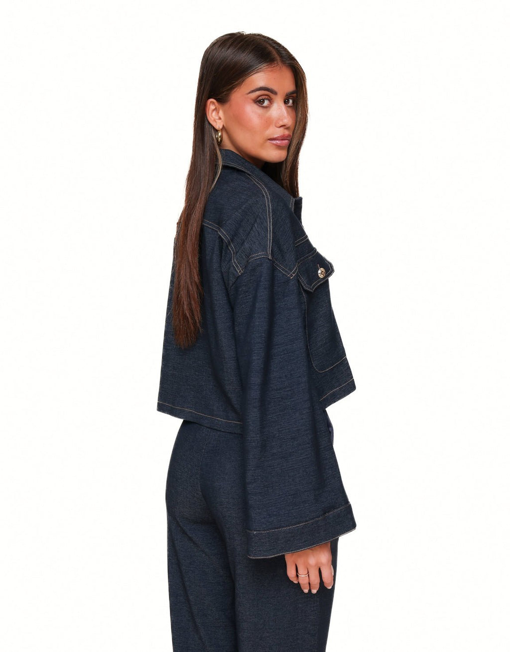 Dark Wash Cropped Denim Jacket with Contrast Stitching