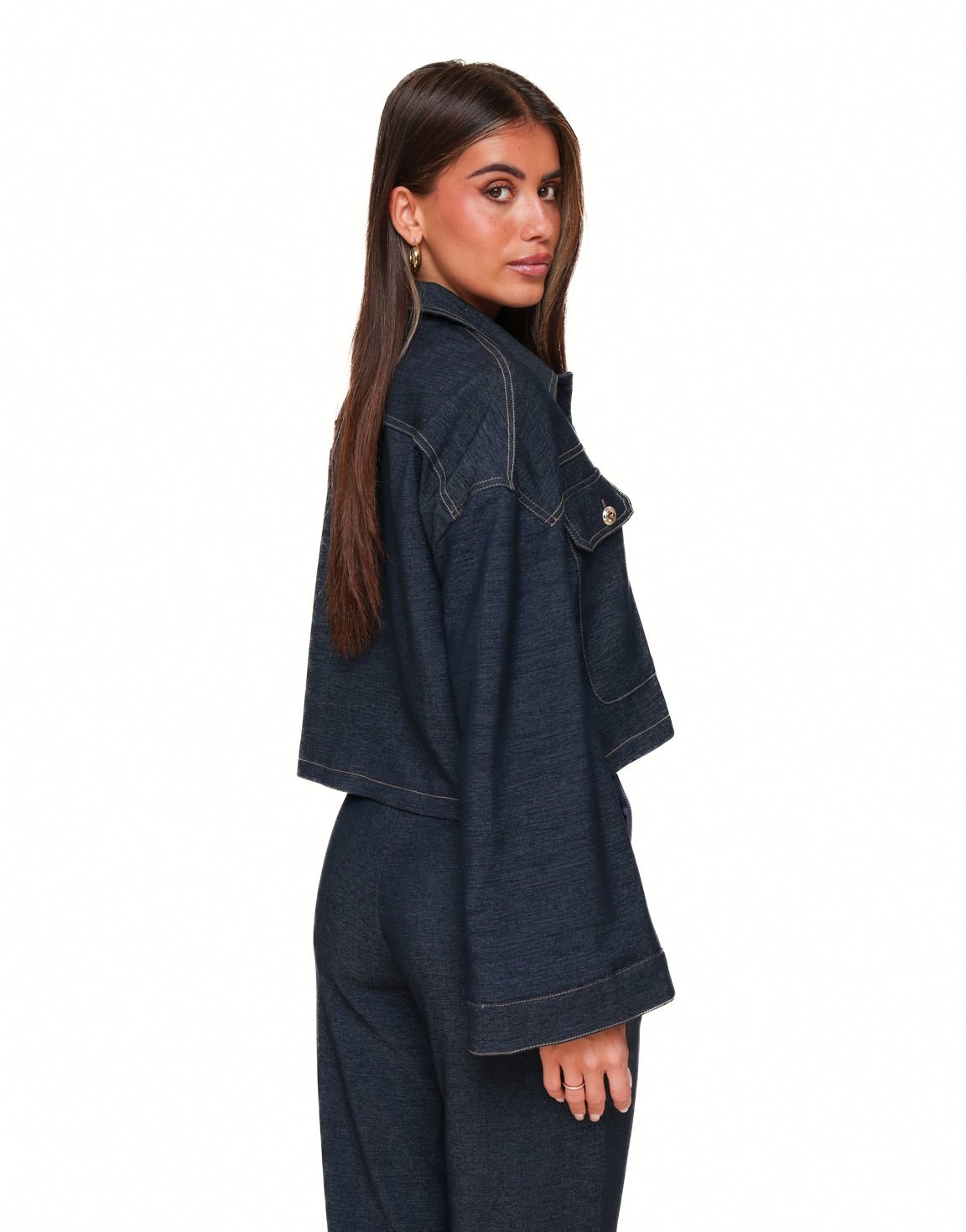 Dark Wash Cropped Denim Jacket with Contrast Stitching