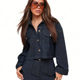 Dark Wash Cropped Denim Jacket with Contrast Stitching