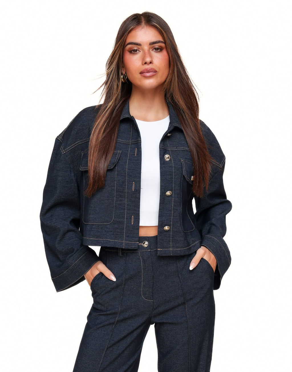 Dark Wash Cropped Denim Jacket with Contrast Stitching