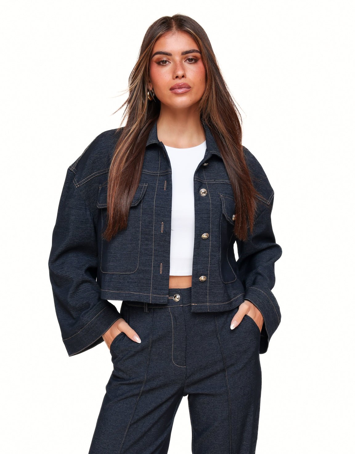 Dark Wash Cropped Denim Jacket with Contrast Stitching