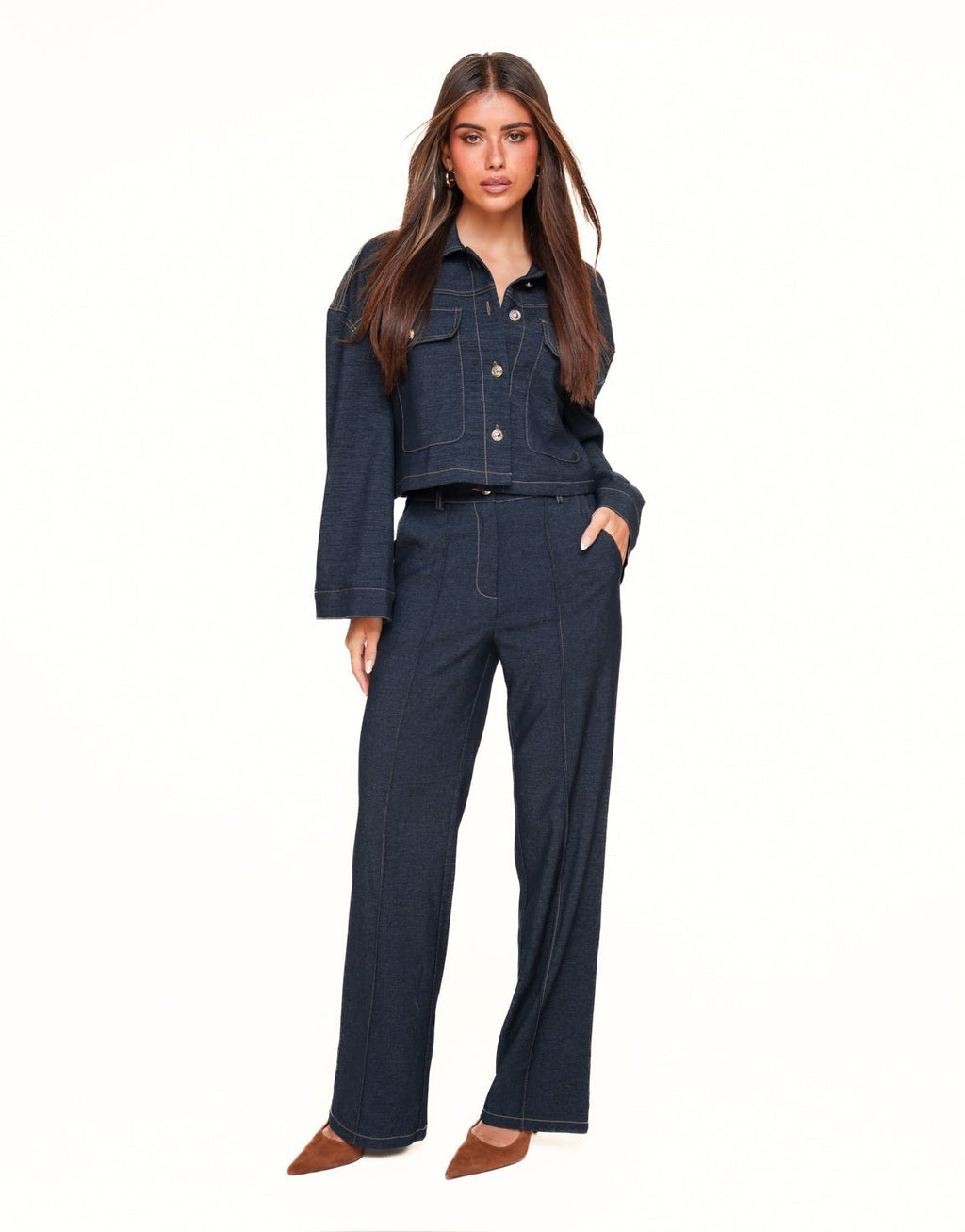 Dark Wash Cropped Denim Jacket with Contrast Stitching