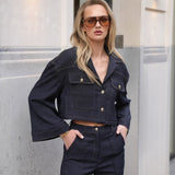 Cropped Denim Jacket in Dark Wash with Contrast Stitching