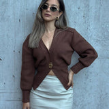 Chic Deep V-Neck Knit Cardigan with Decorative Button