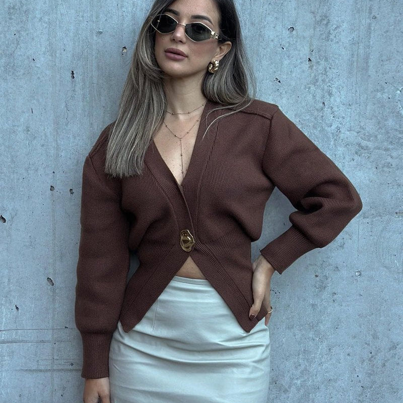 Chic Deep V-Neck Knit Cardigan with Decorative Button
