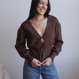 Chic Deep V-Neck Knit Cardigan with Decorative Button