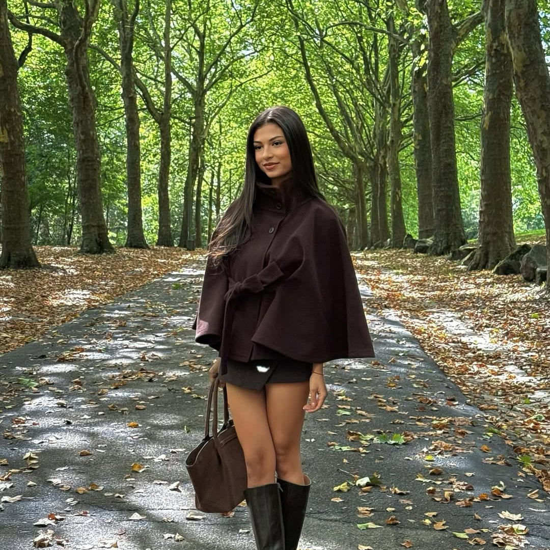 Elegant High Neck Belted Cape Jacket