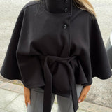 Sophisticated Belted Cape Jacket with High Neck