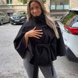 Elegant High Neck Belted Cape Jacket