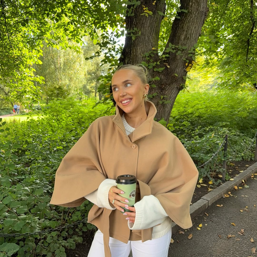 Elegant High Neck Belted Cape Jacket