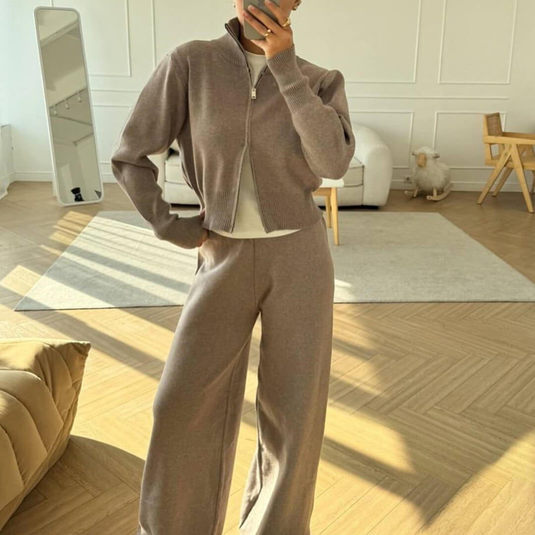 Knitted Zip Jacket and Wide-Leg Trousers Set