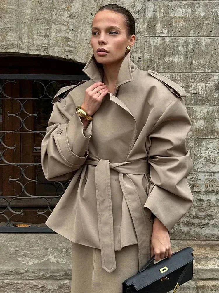 Oversized Fit Trench Coat with Belt and Structured Collar