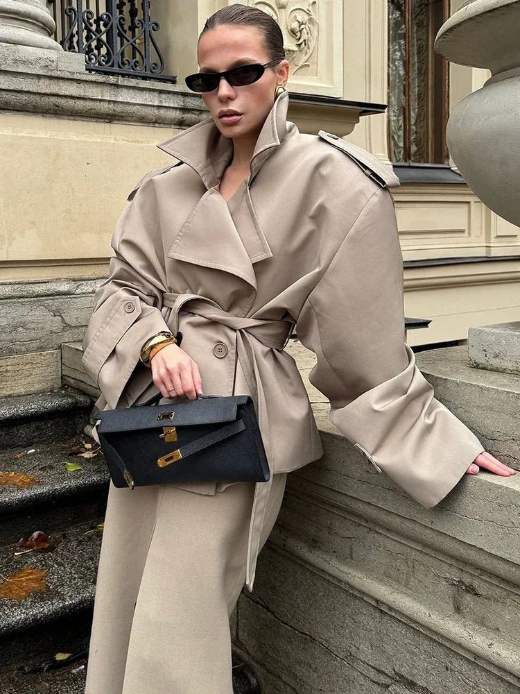 Oversized Fit Trench Coat with Belt and Structured Collar
