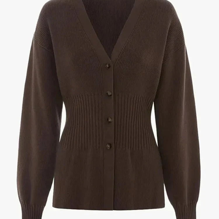 V-Neck Knit Cardigan – Waist-Cinching Lantern Sleeve Sweater