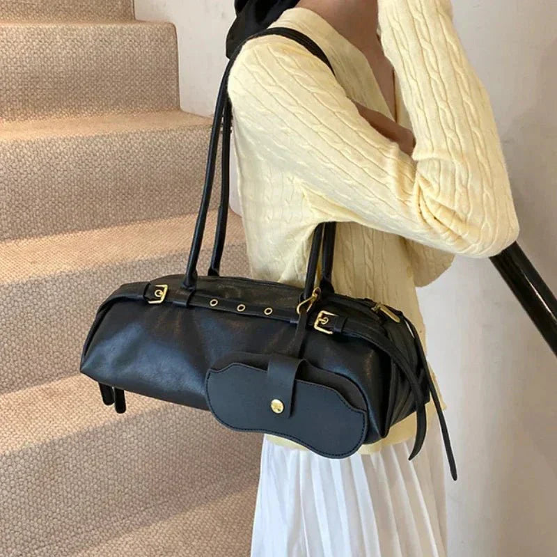 Structured Shoulder Bag with Buckle Accent