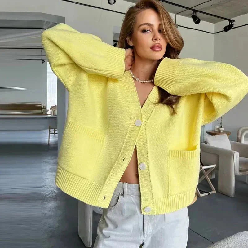 V-Neck Knit Cardigan – Oversized Button-Front Autumn Sweater