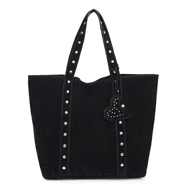 Suede Tote Handbag with Stud Accents