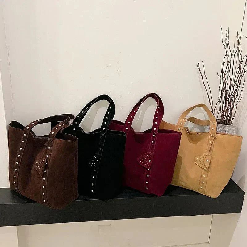Suede Tote Handbag with Stud Accents