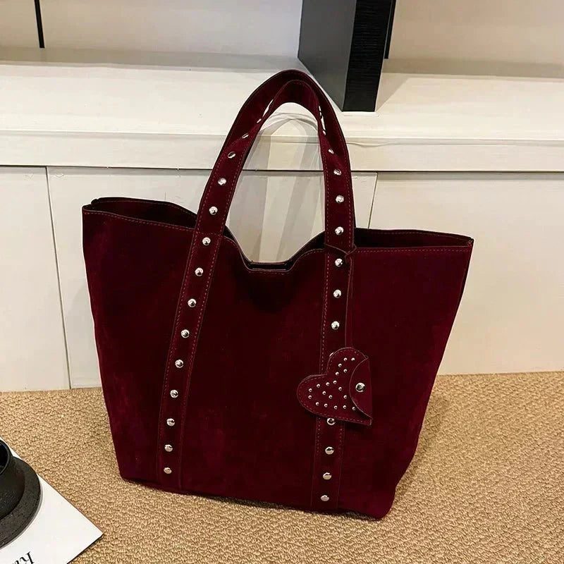 Suede Tote Handbag with Stud Accents