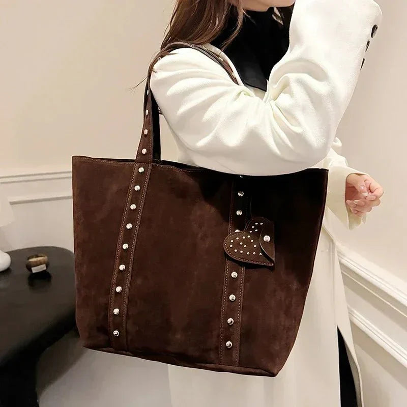 Suede Tote Handbag with Stud Accents