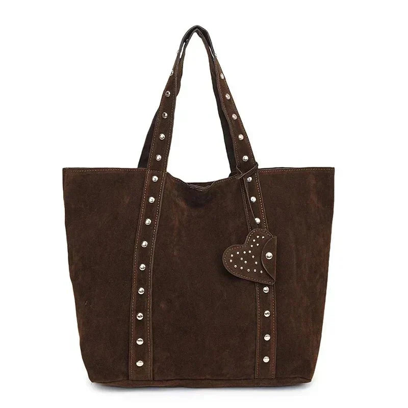Suede Tote Handbag with Stud Accents