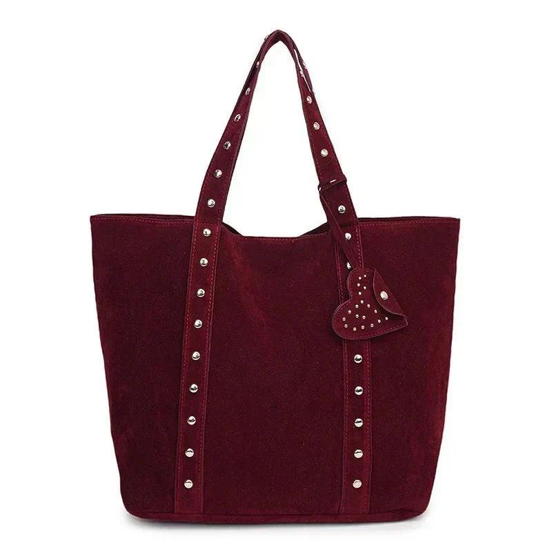 Suede Tote Handbag with Stud Accents